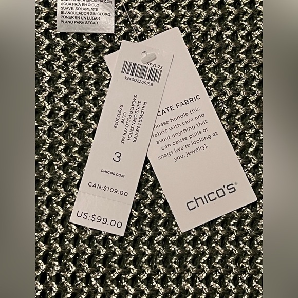 Chicos Women's Pullover Shine Open Stitch Sweater-Olive Green Metallic-Size 3 - Picture 9 of 9